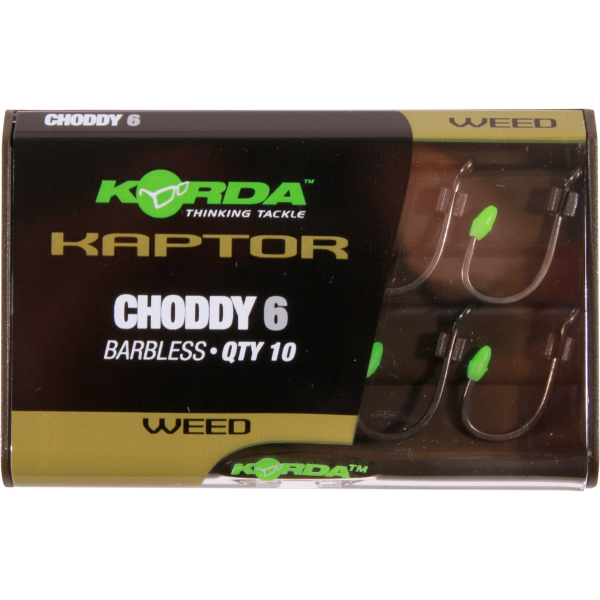 Ultimate Carp Tacklebox, boordevol end-tackle van bekende topmerken - Korda Kaptor Choddy Barbless Size 6 Weed (10pcs)