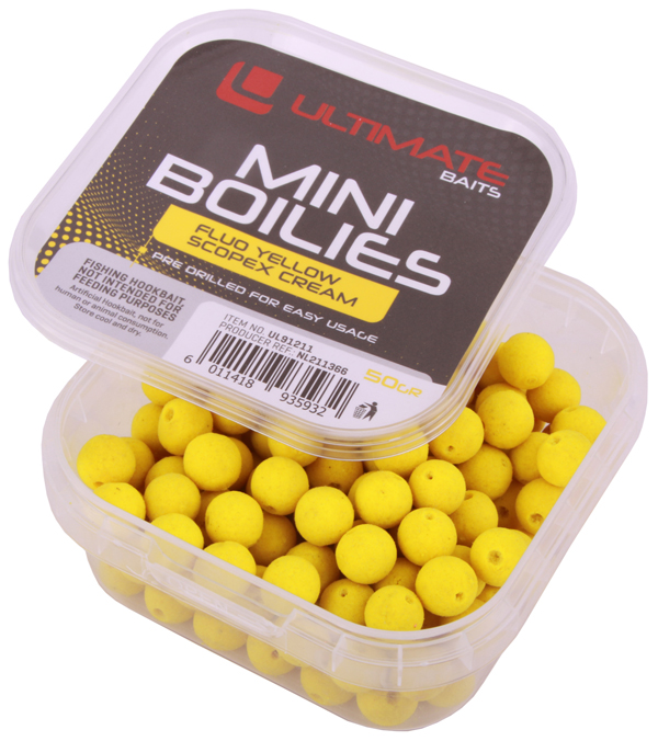 Ultimate Baits Pre Drilled Fluo Mini Boilies Yellow Scopex Cream (9mm)