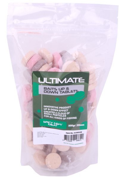 Ultimate Baits Up & Down Tablets 20mm, geven onder water geur-, kleur- én smaakstoffen af - Spicy Fish/Meat 20mm