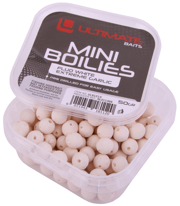 Ultimate Baits Pre Drilled Fluo Mini Boilies White Extreme Garlic (9mm)